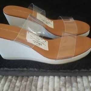 Nordstrom Tan and White Wedges with Clear Straps